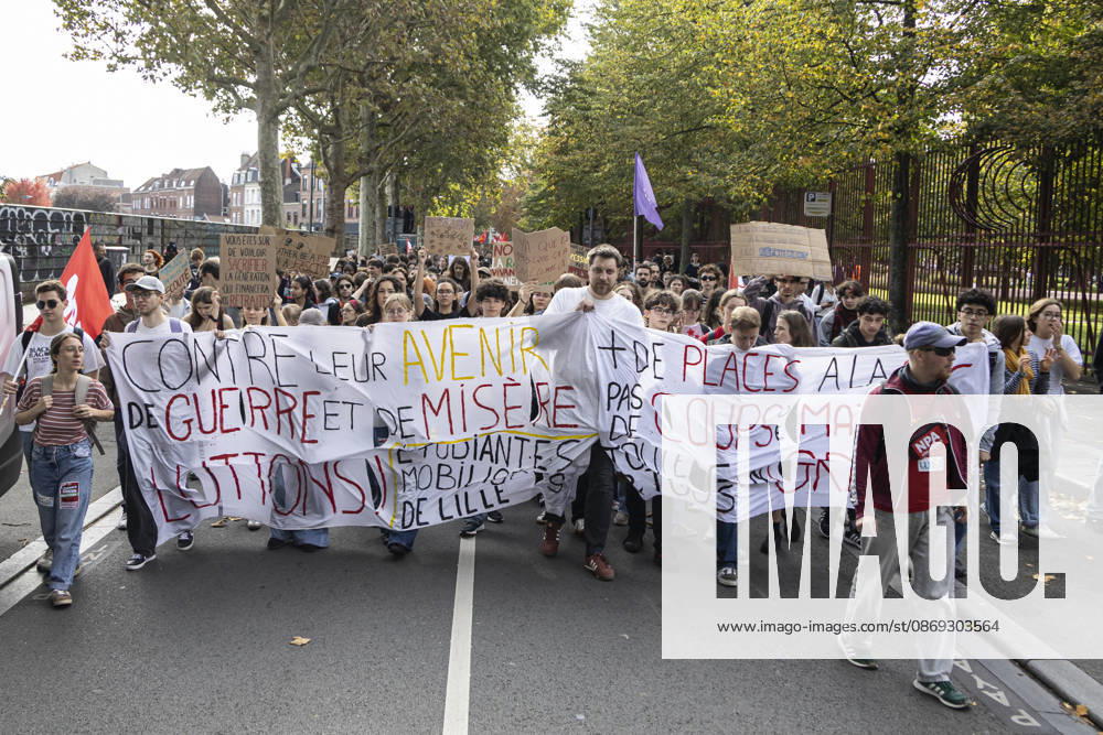 High School Students Protest Education Budget Cuts In Lille - France Protesters seen holding placards as they march through the streets during the demonstration. Thousands of high school students and protesters are marching through the streets to protest against budget cuts affecting high schools and the entire national education system in Lille on 13 October 2026. Photo by Sebastien Courdji ABACAPRESS Lille Hauts-de-France France