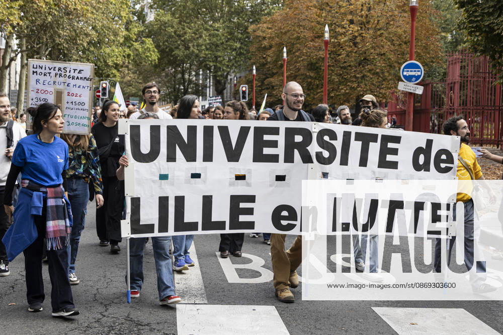High School Students Protest Education Budget Cuts In Lille - France Protesters seen holding placards as they march through the streets during the demonstration. Thousands of high school students and protesters are marching through the streets to protest against budget cuts affecting high schools and the entire national education system in Lille on 13 October 2026. Photo by Sebastien Courdji ABACAPRESS Lille Hauts-de-France France