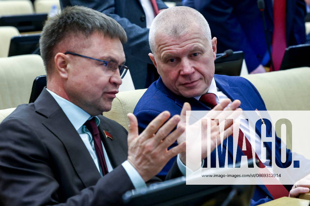 RUSSIA, MOSCOW - OCTOBER 13, 2026: Russian State Duma members Sergei Kazankov (L) and Oleg Novitsky attend a plenary meeting of the Russian State Duma. Russian State Duma Press Office TASS 99239213