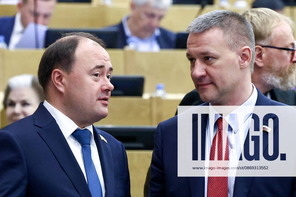 RUSSIA, MOSCOW - OCTOBER 13, 2026: Russian State Duma members Artyom Molchanov (L) and Alexei Svalov attend a plenary meeting of the Russian State Duma. Russian State Duma Press Office TASS 99239128