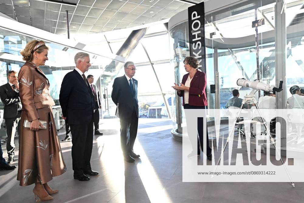 State Visit of King Philippe and Queen Mathilde to Kazakhstan (Day 3) ASTANA, KAZAKHSTAN - OCTOBER 13 : State Visit of King Philippe and Queen Mathilde to Kazakhstan (Day 3) - Visit of Alem.AI (International center for artificial intelligence). Presentation of the telescope of UGent to the CEO of Alem A.I. in the presence of Petra De Sutter and Kassym-Jomart Tokaïev (President of Kazakhstan) on October 13, 2026 in Astana, Kazakhstan, 13 10 2026 Astana Kazakhstan