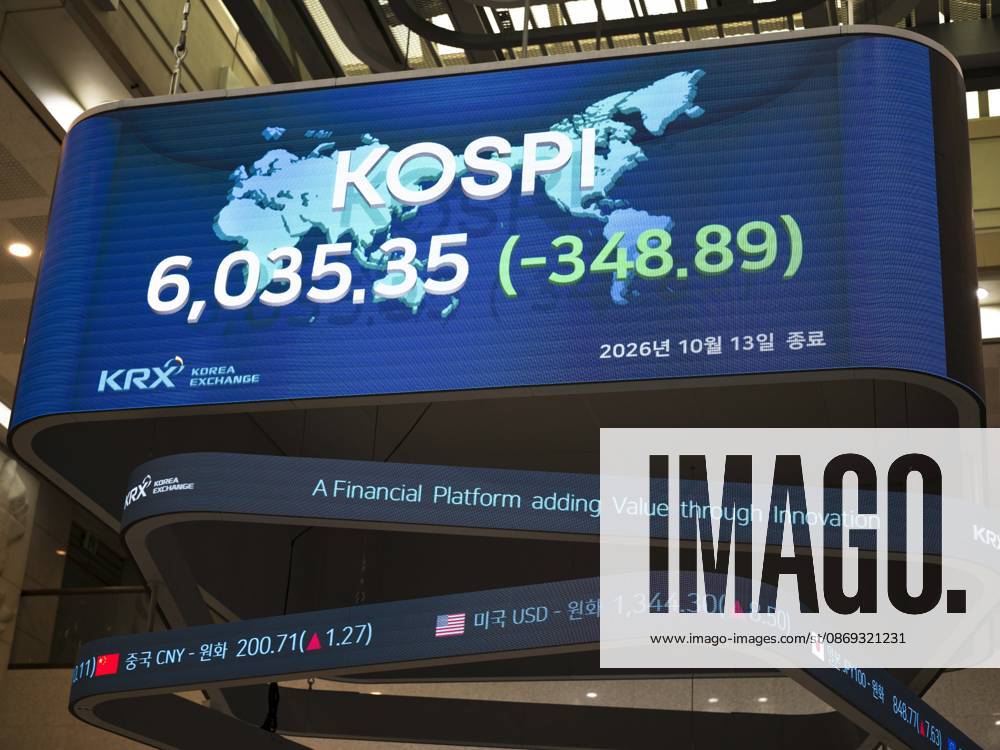 South Korea Stocks Plunge As KOSPI Drops Sharply At KRX In Seoul The main overhead electronic ticker at the Korea Exchange (KRX) in Yeouido, Seoul, South Korea, displays the closing KOSPI index at 6,035.35, down 348.89 points, on October 13, 2026. Seoul Seoul South Korea