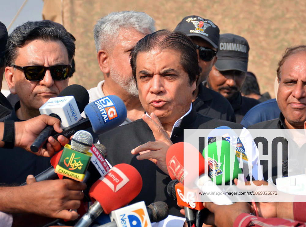 Federal Minister for Railways, Muhammad Hanif Abbasi talking to media persons following the derailment of the Rehman Baba Express near Sher Shah Railway Station, in Multan on Tuesday, October 13, 2026. (PPI Images).