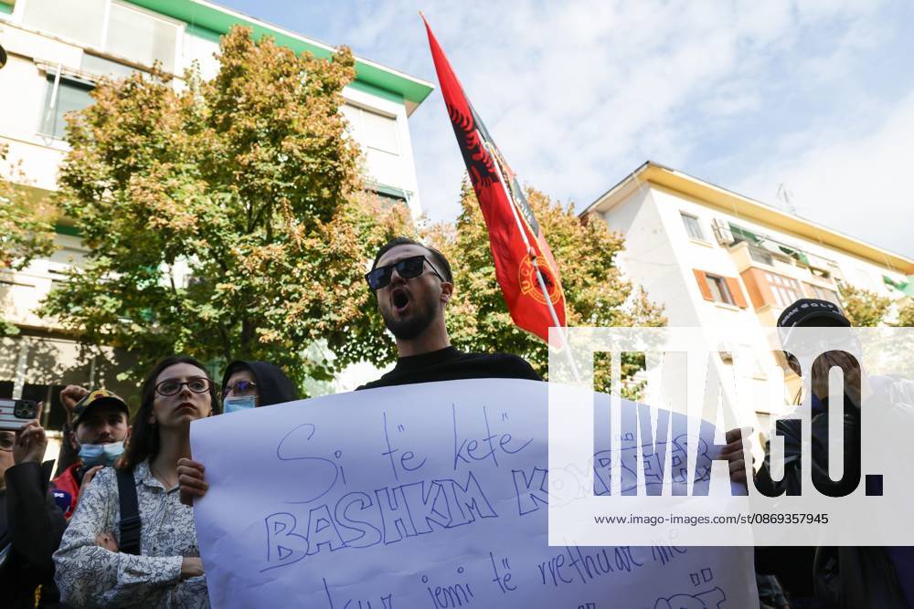 TIRANA, ALBANIA, OCTOBER 13, 2026: Student demonstrators clash with riot police outside the Ministry of Education in Tirana during a protest over university conditions, higher education costs and employment prospects. Police deploy tear gas and water cannons as protesters throw bricks and other objects. Several demonstrators are detained. Tirana Albania - ZUMAq101 20261013_zna_q101_261