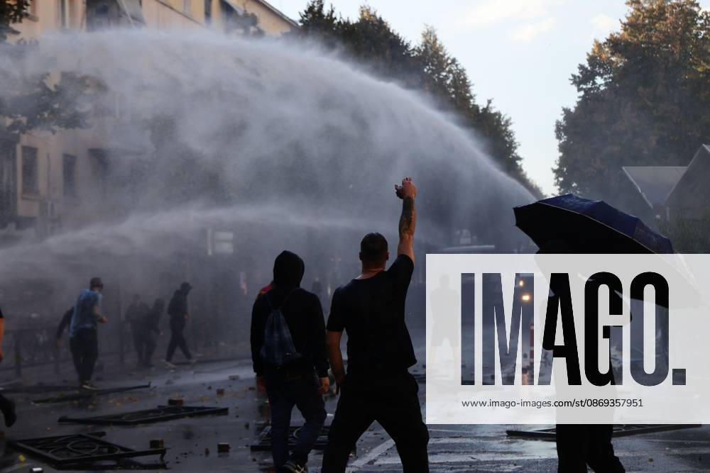 TIRANA, ALBANIA, OCTOBER 13, 2026: Student demonstrators clash with riot police outside the Ministry of Education in Tirana during a protest over university conditions, higher education costs and employment prospects. Police deploy tear gas and water cannons as protesters throw bricks and other objects. Several demonstrators are detained. Tirana Albania - ZUMAq101 20261013_zna_q101_265