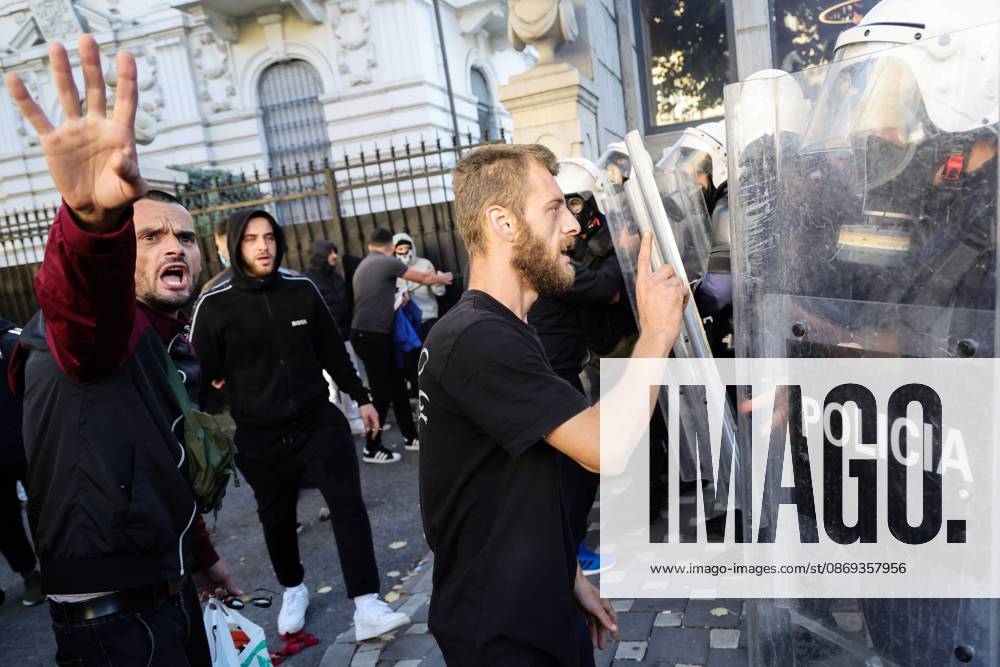 TIRANA, ALBANIA, OCTOBER 13, 2026: Student demonstrators clash with riot police outside the Ministry of Education in Tirana during a protest over university conditions, higher education costs and employment prospects. Police deploy tear gas and water cannons as protesters throw bricks and other objects. Several demonstrators are detained. Tirana Albania - ZUMAq101 20261013_zna_q101_268