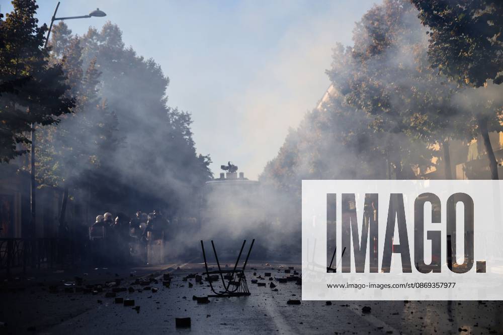 TIRANA, ALBANIA, OCTOBER 13, 2026: Student demonstrators clash with riot police outside the Ministry of Education in Tirana during a protest over university conditions, higher education costs and employment prospects. Police deploy tear gas and water cannons as protesters throw bricks and other objects. Several demonstrators are detained. Tirana Albania - ZUMAq101 20261013_zna_q101_278