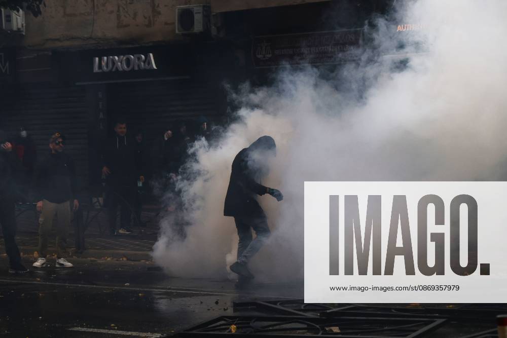 TIRANA, ALBANIA, OCTOBER 13, 2026: Student demonstrators clash with riot police outside the Ministry of Education in Tirana during a protest over university conditions, higher education costs and employment prospects. Police deploy tear gas and water cannons as protesters throw bricks and other objects. Several demonstrators are detained. Tirana Albania - ZUMAq101 20261013_zna_q101_280