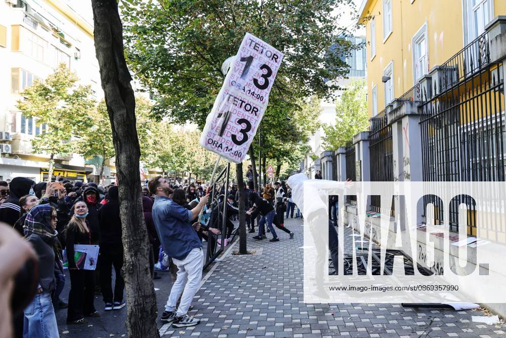 TIRANA, ALBANIA, OCTOBER 13, 2026: Student demonstrators clash with riot police outside the Ministry of Education in Tirana during a protest over university conditions, higher education costs and employment prospects. Police deploy tear gas and water cannons as protesters throw bricks and other objects. Several demonstrators are detained. Tirana Albania - ZUMAq101 20261013_zna_q101_281