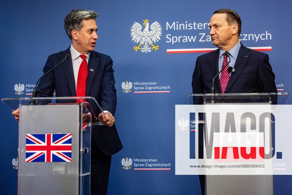 Foreign Ministers of Poland and the United Kingdom meet in Warsaw, Poland - 13 Oct 2026 The Foreign Secretary of the United Kingdom, Ed Miliband, speaks directly to Poland s Minister of Foreign Affairs, Radoslaw Sikorski, during the press conference. Foreign Secretary of the United Kingdom of Great Britain and Northern Ireland visits the Ministry of Foreign Affairs in Warsaw, Poland for a meeting with the Republic of Poland s Foreign Minister, Radoslaw Sikorski. During the subsequent press conference, the ministers discussed their countries ongoing cooperation in foreign policy issues, including supporting Ukraine in the war Russia is waging against it. Miliband also spoke of the ties his family has to Poland. Afterwards, the ministers tra