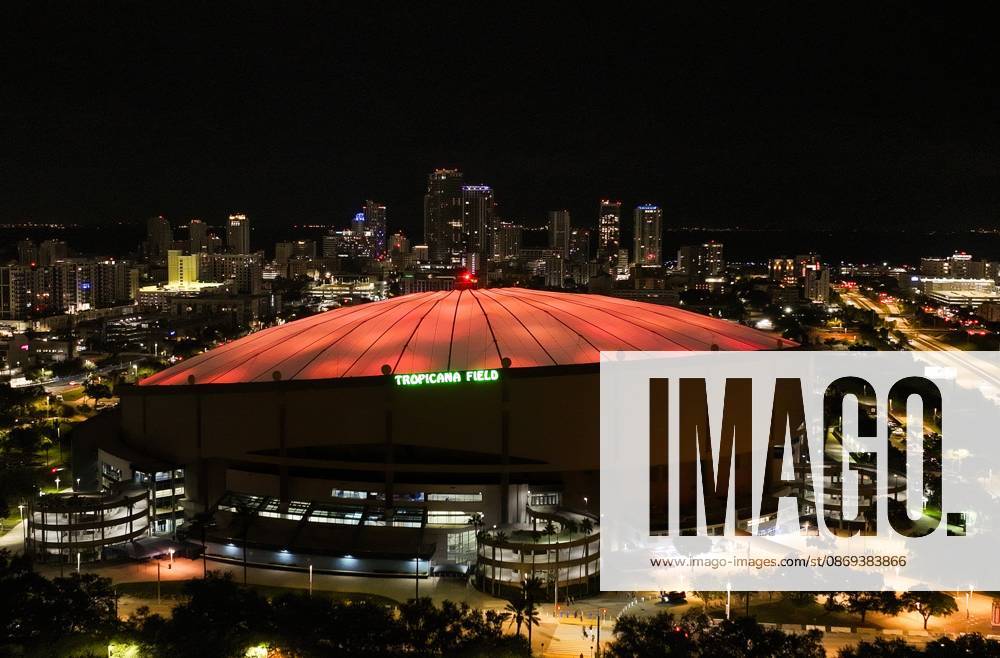 An aerial drone view showing the dome glowing orange celebrating the Tampa Bay Rays win over the Cleveland Guardians in the American League Championship Series game 2 at Tropicana Field on Wednesday, Oct. 14, 2026 in St. Petersburg. St. Petersburg USA - ZUMAs70_ 20261014_zan_s70_001