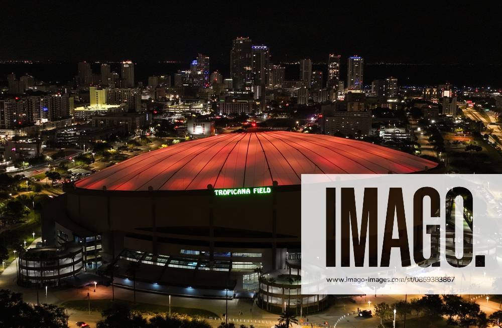 An aerial drone view showing the dome glowing orange celebrating the Tampa Bay Rays win over the Cleveland Guardians in the American League Championship Series game 2 at Tropicana Field on Wednesday, Oct. 14, 2026 in St. Petersburg. St. Petersburg USA - ZUMAs70_ 20261014_zan_s70_002
