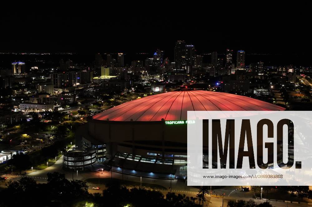 An aerial drone view showing the dome glowing orange celebrating the Tampa Bay Rays win over the Cleveland Guardians in the American League Championship Series game 2 at Tropicana Field on Wednesday, Oct. 14, 2026 in St. Petersburg. St. Petersburg USA - ZUMAs70_ 20261014_zan_s70_003
