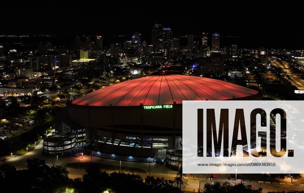An aerial drone view showing the dome glowing orange celebrating the Tampa Bay Rays win over the Cleveland Guardians in the American League Championship Series game 2 at Tropicana Field on Wednesday, Oct. 14, 2026 in St. Petersburg. St. Petersburg USA - ZUMAs70_ 20261014_zan_s70_004