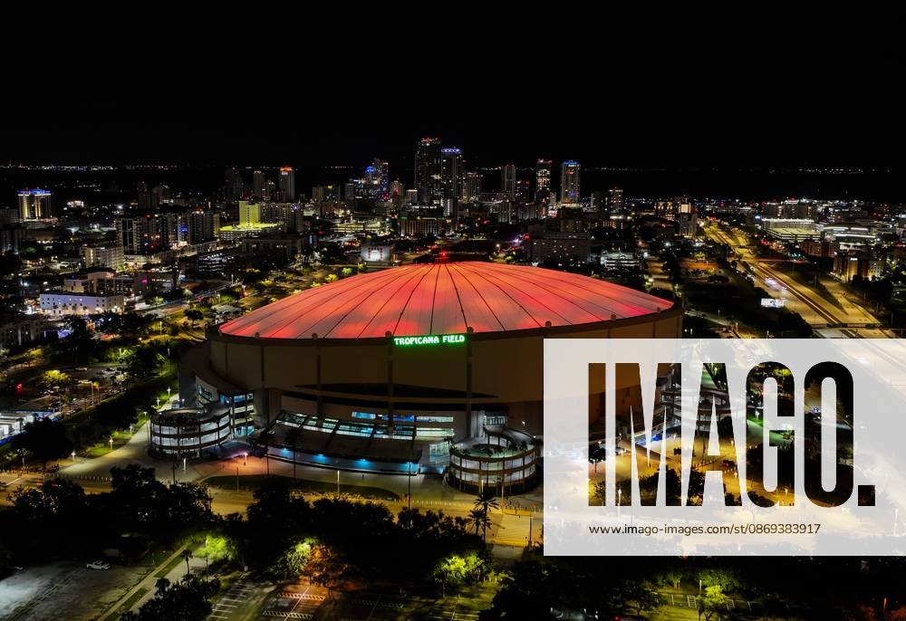 An aerial drone view showing the dome glowing orange celebrating the Tampa Bay Rays win over the Cleveland Guardians in the American League Championship Series game 2 at Tropicana Field on Wednesday, Oct. 14, 2026 in St. Petersburg. St. Petersburg USA - ZUMAs70_ 20261014_zan_s70_005