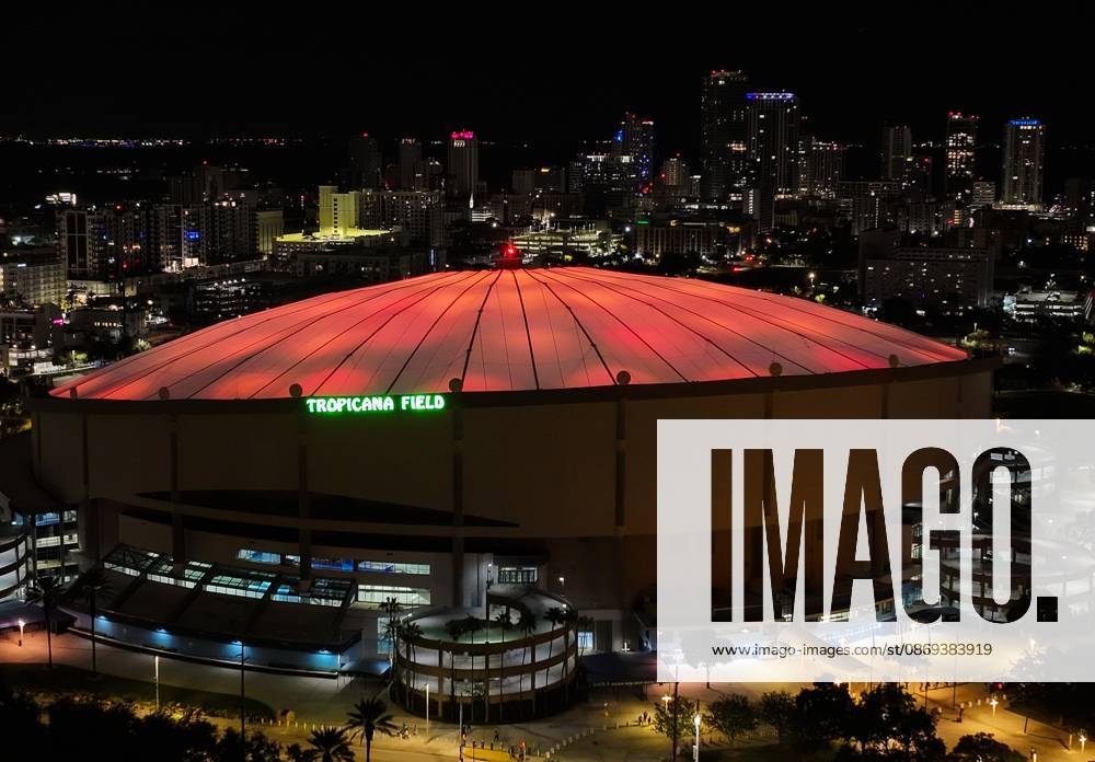 An aerial drone view showing the dome glowing orange celebrating the Tampa Bay Rays win over the Cleveland Guardians in the American League Championship Series game 2 at Tropicana Field on Wednesday, Oct. 14, 2026 in St. Petersburg. St. Petersburg USA - ZUMAs70_ 20261014_zan_s70_006