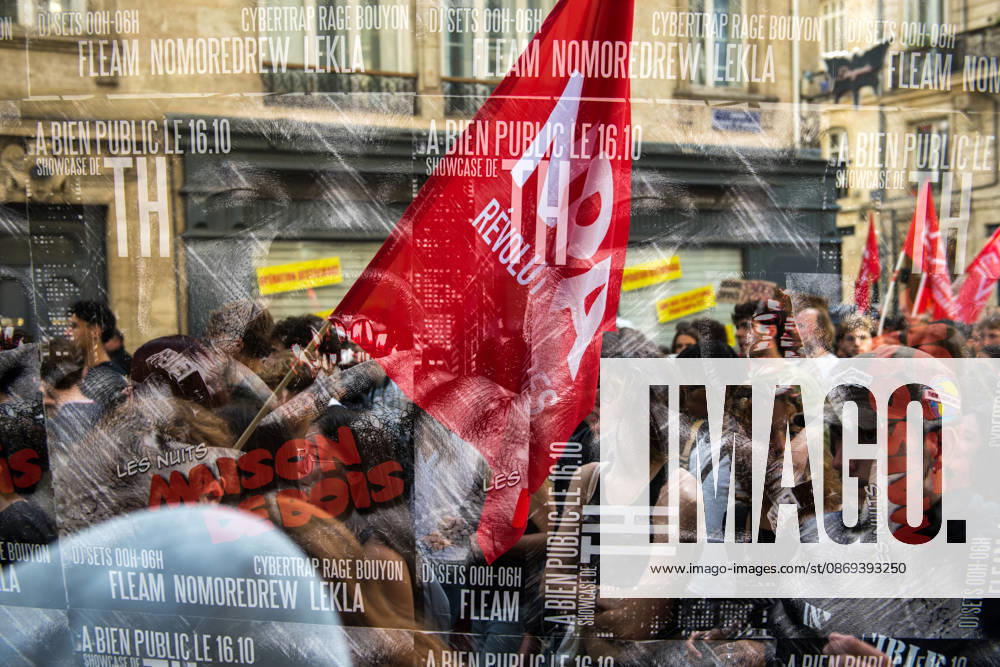 High School Stdent Mobilisation - Bordeaux A double exposure image combines the protest march and concert posters during Act V of the high school student mobilisation in Bordeaux, France on October 13, 2026. Photo by Fabrice Sapte ABACAPRESS.COM Bordeaux France