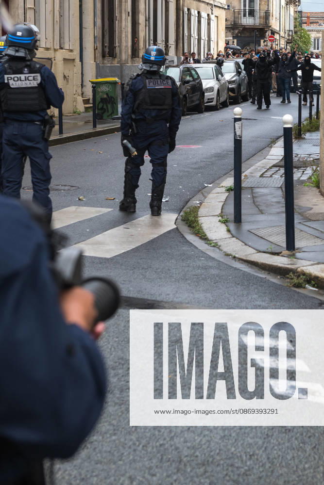 High School Stdent Mobilisation - Bordeaux Police officers in riot gear face a group of protesters on a street in Bordeaux during Act V of the high school student mobilisation, France on October 13, 2026. Photo by Fabrice Sapte ABACAPRESS.COM Bordeaux France