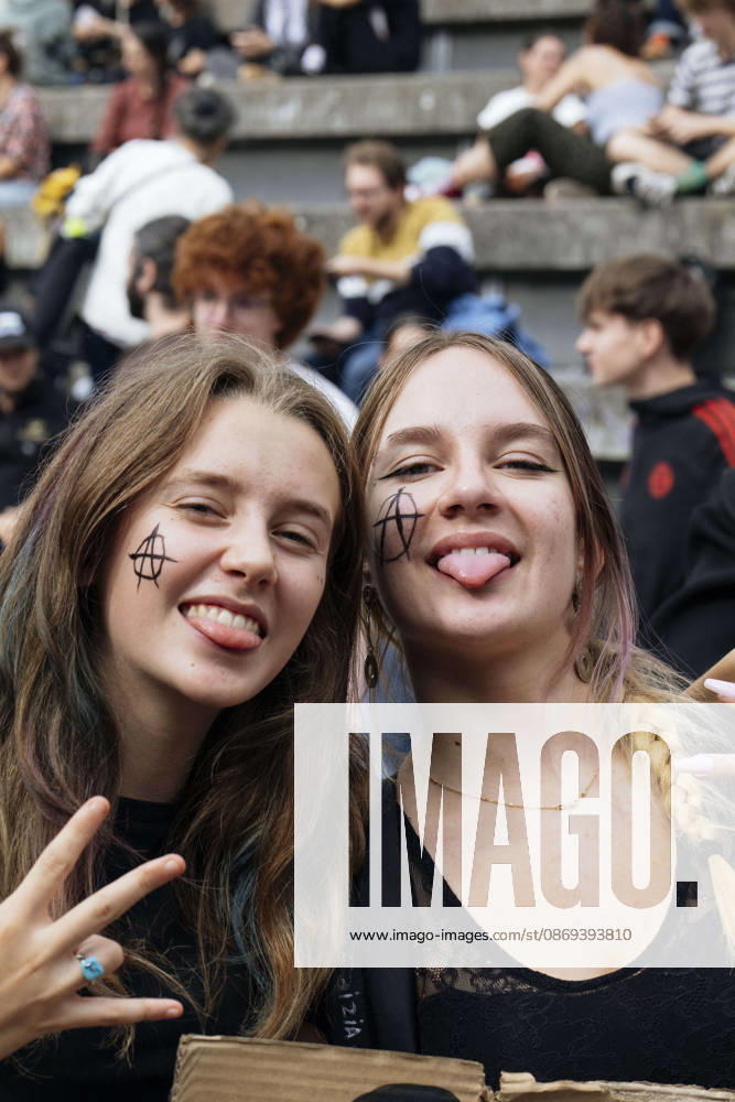 High School Student Mobilisation - Toulouse Two young women are sticking out their tongues, with the letter - A (for anarchy) painted on their cheeks. Act V of the secondary school and university students protests. Young people and the world of work are continuing their joint mobilisation and demands for adequate resources for education, better study conditions, an end to student precariousness, and access to housing. France, Toulouse, 13 October 2026. Photo by Patricia Huchot-Boissier AbacaPress.com. TOULOUSE OCCITANIE France
