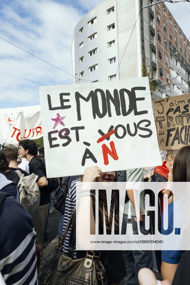 High School Student Mobilisation - Toulouse A placard in the procession -The world belongs to us. Act V of the secondary school and university students protests. Young people and the world of work are continuing their joint mobilisation and demands for adequate resources for education, better study conditions, an end to student precariousness, and access to housing. France, Toulouse, 13 October 2026. Photo by Patricia Huchot-Boissier AbacaPress.com. TOULOUSE OCCITANIE France