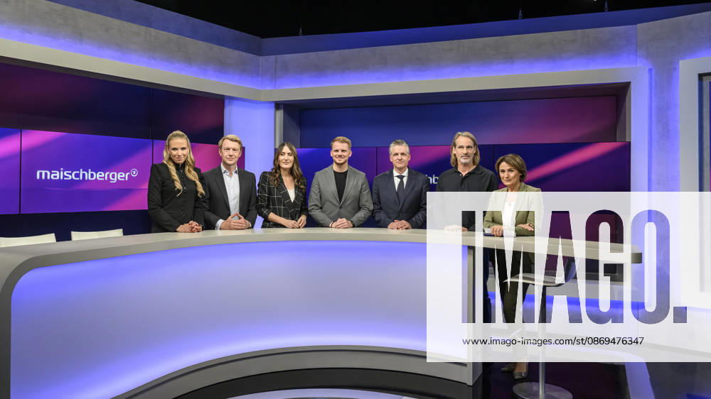 Im Bild v.l.: Nena Brockhaus (Journalistin), Markus Preiß (Leiter ARD-Hauptstadtstudio), Anja Kohl (ARD-Moderatorin und Wirtschaftsexpertin), Tim Klüssendorf, SPD (Generalsekretär), Thorsten Frei, CDU (Unionsfraktionsvorsitzender), Richard David Precht (Philosoph), Sandra Maischberger, GER, Berlin, Studio, zu Gast bei – Maischberger, politische Talkshow, TV, Format, mit Moderatorin – Sandra Maischberger, Das Erste, aus Adlershof – Am Studio 20, 14.10.2026,