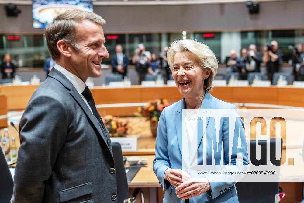 Brüssel, Belgien, 15.10.2026: Europa-Gebäude: EU-Gipfel: Emmanuel Macron und Ursula von der Leyen (Foto: Michael Kappeler, Pool)