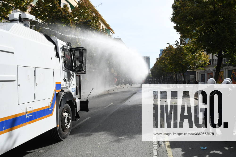 Student protests demanding improved educational conditions continue in Albania TIRANA, ALBANIA - OCTOBER 15: A police water cannon sprays water toward demonstrators during the third day of protests demanding improved educational conditions in Tirana, Albania, on October 15, 2026. University students are joined by high school students and local residents as tensions escalate, with police using tear gas to disperse demonstrators outside the Ministry of Education and the Parliament building, while protesters throw stones and other objects at police officers. Olsi Shehu Anadolu Tirana Albania. Editorial use only. Please get in touch for any other usage.