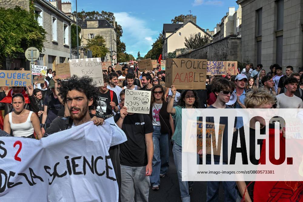 HIGH SCHOOL STUDENTS’ PROTEST PHOTOPQR OUEST FRANCE Martin ROCHE Caen October 15, 2026 On Thursday, October 15, 2026, about 400 people protested in the streets of Caen, Calvados. The demonstration was organized by the General Assembly of National Education staff, supported by union members, high school students, and college students. Photographer: Martin ROCHE, Ouest France, France. Fires have broken out at several schools in France as students protest by blocking access to educational institutions nationwide over school funding and learning conditions. Caen, FRANCE, France