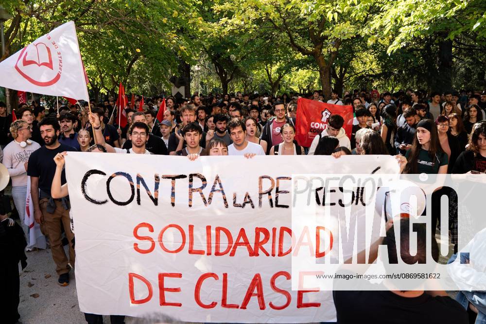 MADRID, SPAIN - OCTOBER 15, 2026: Hundreds of students have gathered at the Complutense University of Madrid to denounce the police charges that took place yesterday on campus and to demand the release and dismissal of charges against the five students arrested during the protest. The march proceeded to the Geography and History Department, where seven police vans had set up a security perimeter. The students demanded more funding for the public university which is under the jurisdiction of the Community of Madrid, governed by the conservative Peoples Party and the removal of police from the campus which falls under the jurisdiction of the central government led by the Socialist Party. Madrid Spain - ZUMAq101 20261015_zna_q101_126