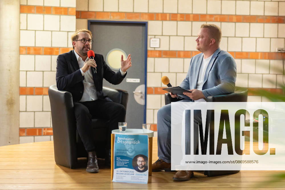 Bornheimer Ortsgespräch mit Paul Ronzheimer - 15.10.26 Veranstaltungsreihe Bornheimer Ortsgespräch - Miteinander im Dialog. Gast: Paul RONZHEIMER, stellvertretender Chefredakteur der BILD, Kriegs- und Krisenreporter und Podcaster, mit Gastgeber, Moderator und Ortsvorsteher von Bornheim-Ort Dominik PINSDORF (parteilos) in der Europaschule Bornheim. Bornheim Nordrhein-Westfalen Deutschland