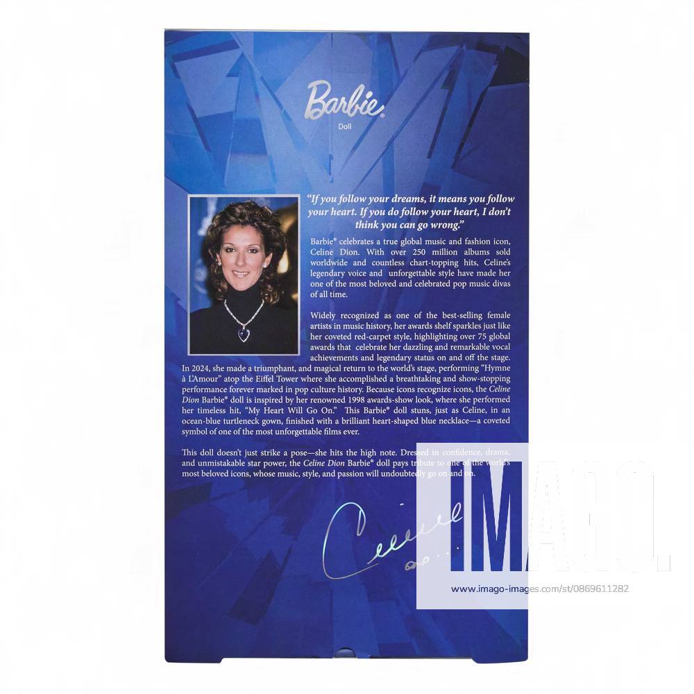 Céline Dion gets her own Barbie doll based on her 1998 Oscars look Céline Dion gets her own Barbie doll based on her 1998 Oscars look., , Toymaker Mattel has announced the legendary Canadian singer is being honored with a Barbie Signature doll., , Céline’s doll wears a long-sleeve navy-blue gown and a necklace inspired by the blue heart-shaped diamond necklace, capturing her look as My Heart Will Go On from movie blockbuster Titanic won Best Original Song at the 1998 Academy Awards., , Céline said: It is a true honor to join the Barbie legacy with a doll inspired by one of the most meaningful moments of my career., , I hope this doll inspires everyone to express themselves with confidence, follow their dreams and believe in the power of