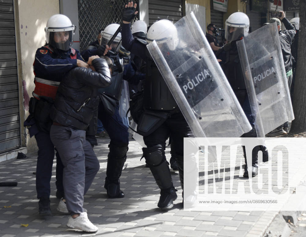 Protesters Clash with Police During a Demonstration in Tirana, Albania. Riot police detain a protester during an anti-government demonstration in central Tirana on October 15, 2026, as protests continued for a third consecutive day over university conditions and demands for the resignation of Albanian Prime Minister Edi Rama. The latest rally follows two nights of violence in the capital, during which protesters and riot police clashed, police used water cannons and tear gas, and demonstrators damaged government offices and shops and set fire to several buildings. Light Studio Agency Malton Dibra Tirana Albania