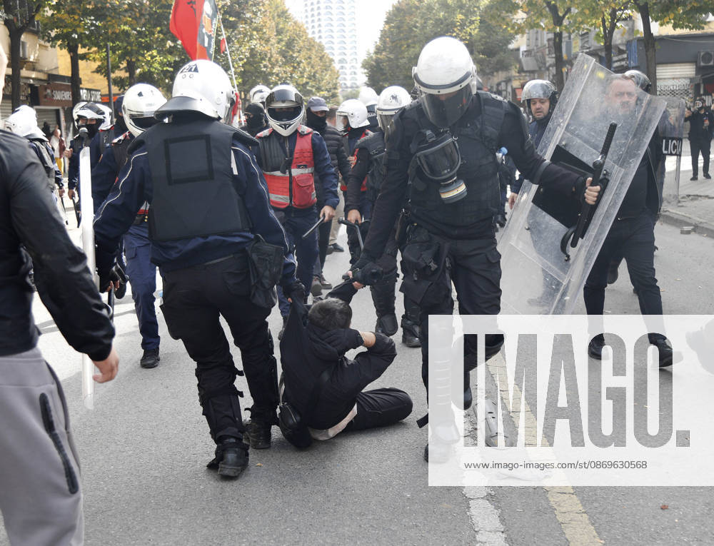 Protesters Clash with Police During a Demonstration in Tirana, Albania. Riot police detain a protester during an anti-government demonstration in central Tirana on October 15, 2026, as protests continued for a third consecutive day over university conditions and demands for the resignation of Albanian Prime Minister Edi Rama. The latest rally follows two nights of violence in the capital, during which protesters and riot police clashed, police used water cannons and tear gas, and demonstrators damaged government offices and shops and set fire to several buildings. Light Studio Agency Malton Dibra Tirana Albania