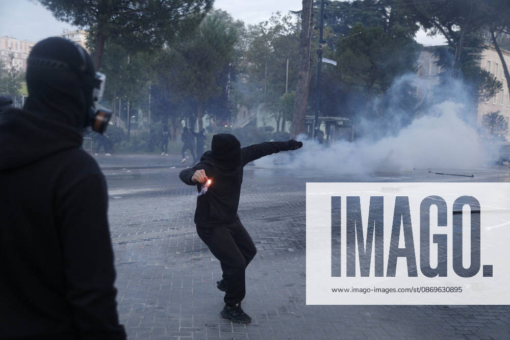 Protesters Clash with Police During a Demonstration in Tirana, Albania. Protesters throw stones at riot police during an anti-government demonstration in central Tirana on October 15, 2026, as protests continued for a third consecutive day over university conditions and demands for the resignation of Albanian Prime Minister Edi Rama. The latest rally follows two nights of violence in the capital, during which protesters and riot police clashed, police used water cannons and tear gas, and demonstrators damaged government offices and shops and set fire to several buildings. Light Studio Agency Malton Dibra Tirana Albania