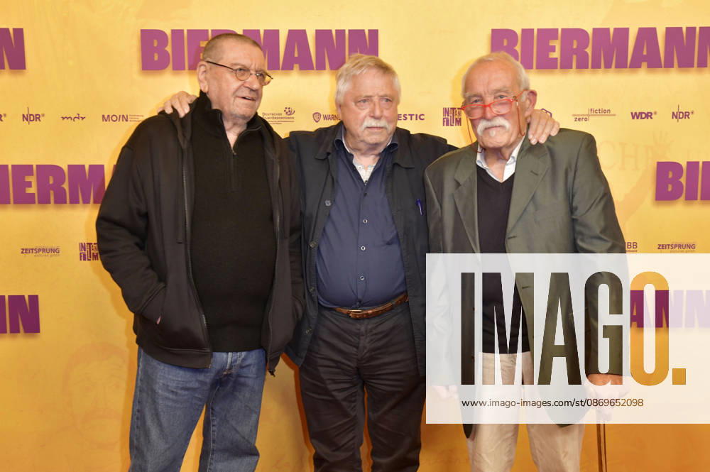 Ulrich Gumpert, Wolf Biermann und Günter Sommer bei der Premiere des Dokumentarfilms Biermann im Kino International. Berlin