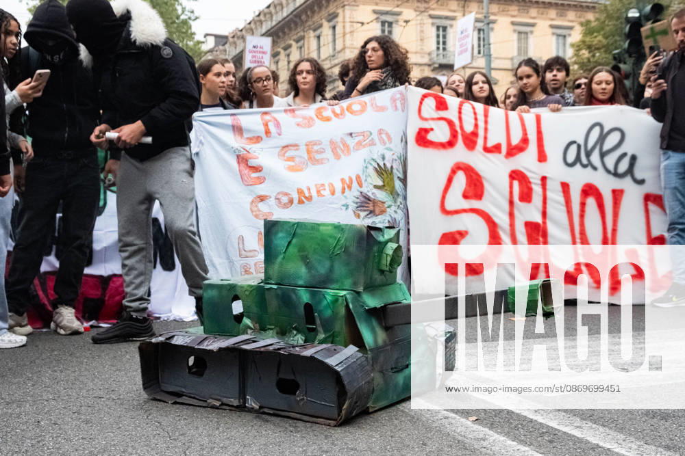 Reportage - Student strike in Turin A paper tank in front of the parade during Student strike in Turin, Reportage in Turin, Italy, October 16 2026 Turin City of Turin Italy