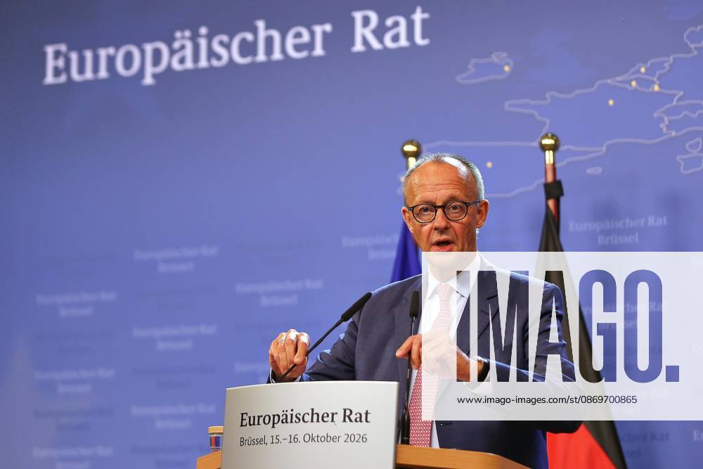 Brüssel, Belgien, 16.10.2026: Europa-Gebäude: EU-Gipfel: Bundeskanzler Friedrich Merz (CDU) auf einer Pressekonferenz zum Abschluss am Freitagnachmittag.