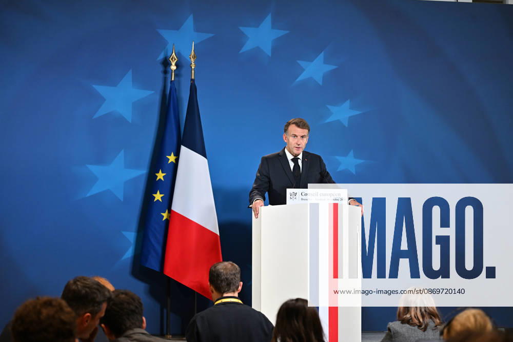 French President Macron holds press conference following EU Leaders Summit in Brussels BRUSSELS, BELGIUM - OCTOBER 16: President of France Emmanuel Macron addresses reporters during a press conference following the European Union Leaders Summit in Brussels, Belgium, on October 16, 2026. Dursun Aydemir Anadolu Brussels Belgium. Editorial use only. Please get in touch for any other usage.