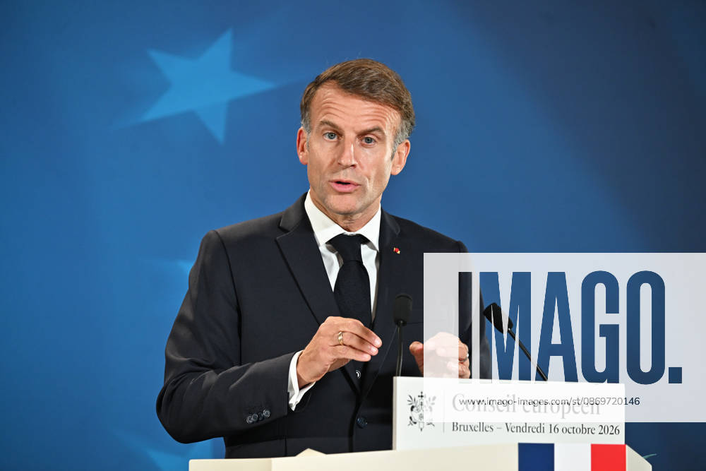 French President Macron holds press conference following EU Leaders Summit in Brussels BRUSSELS, BELGIUM - OCTOBER 16: President of France Emmanuel Macron addresses reporters during a press conference following the European Union Leaders Summit in Brussels, Belgium, on October 16, 2026. Dursun Aydemir Anadolu Brussels Belgium. Editorial use only. Please get in touch for any other usage.