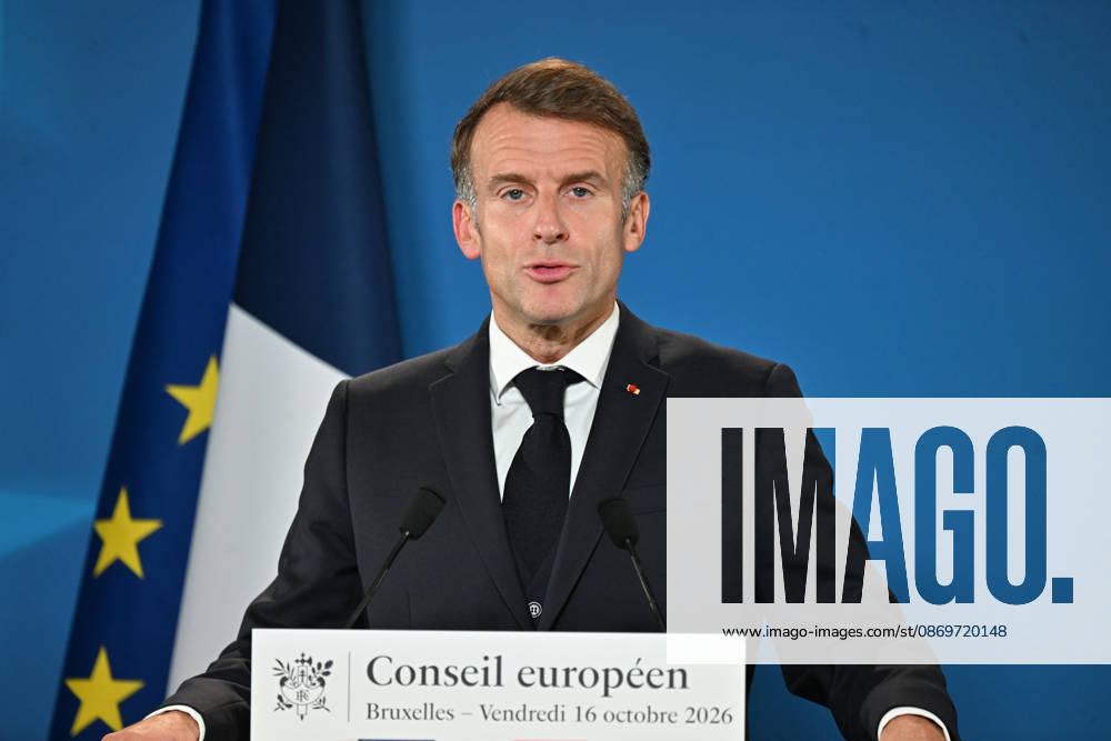 French President Macron holds press conference following EU Leaders Summit in Brussels BRUSSELS, BELGIUM - OCTOBER 16: President of France Emmanuel Macron addresses reporters during a press conference following the European Union Leaders Summit in Brussels, Belgium, on October 16, 2026. Dursun Aydemir Anadolu Brussels Belgium. Editorial use only. Please get in touch for any other usage.