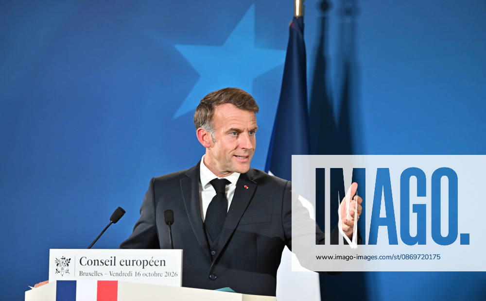 French President Macron holds press conference following EU Leaders Summit in Brussels BRUSSELS, BELGIUM - OCTOBER 16: President of France Emmanuel Macron addresses reporters during a press conference following the European Union Leaders Summit in Brussels, Belgium, on October 16, 2026. Dursun Aydemir Anadolu Brussels Belgium. Editorial use only. Please get in touch for any other usage.