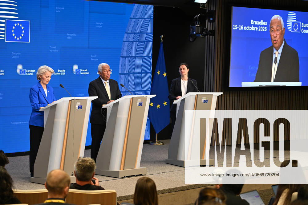 Antonio Costa and Ursula von der Leyen hold press conference after EU Leaders Summit BRUSSELS, BELGIUM - OCTOBER 16: European Council President Antonio Costa, center, and European Commission President Ursula von der Leyen, left, speak during a press conference following the European Union Leaders Summit, on October 16, 2026 in Brussels, Belgium. Dursun Aydemir Anadolu Brussels Belgium. Editorial use only. Please get in touch for any other usage.