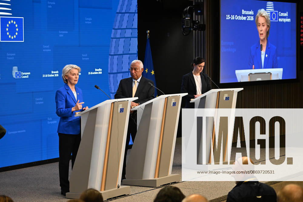 Antonio Costa and Ursula von der Leyen hold press conference after EU Leaders Summit BRUSSELS, BELGIUM - OCTOBER 16: European Council President Antonio Costa, center, and European Commission President Ursula von der Leyen, left, speak during a press conference following the European Union Leaders Summit, on October 16, 2026 in Brussels, Belgium. Dursun Aydemir Anadolu Brussels Belgium. Editorial use only. Please get in touch for any other usage.