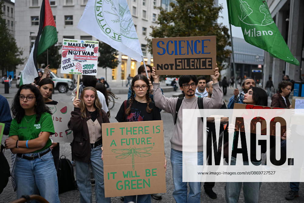 Fridays for Future climate strike in Milan, Italy MILAN, ITALY - OCTOBER 16: Climate activists from Fridays for Future hold placards during a nationwide climate strike in Milan, Italy, on October 16, 2026. Demonstrations are taking place in more than 25 Italian cities, with protesters demanding stronger government action against climate change, faster progress towards renewable energy and greater climate justice. Piero Cruciatti Anadolu Milan Italy. Editorial use only. Please get in touch for any other usage.