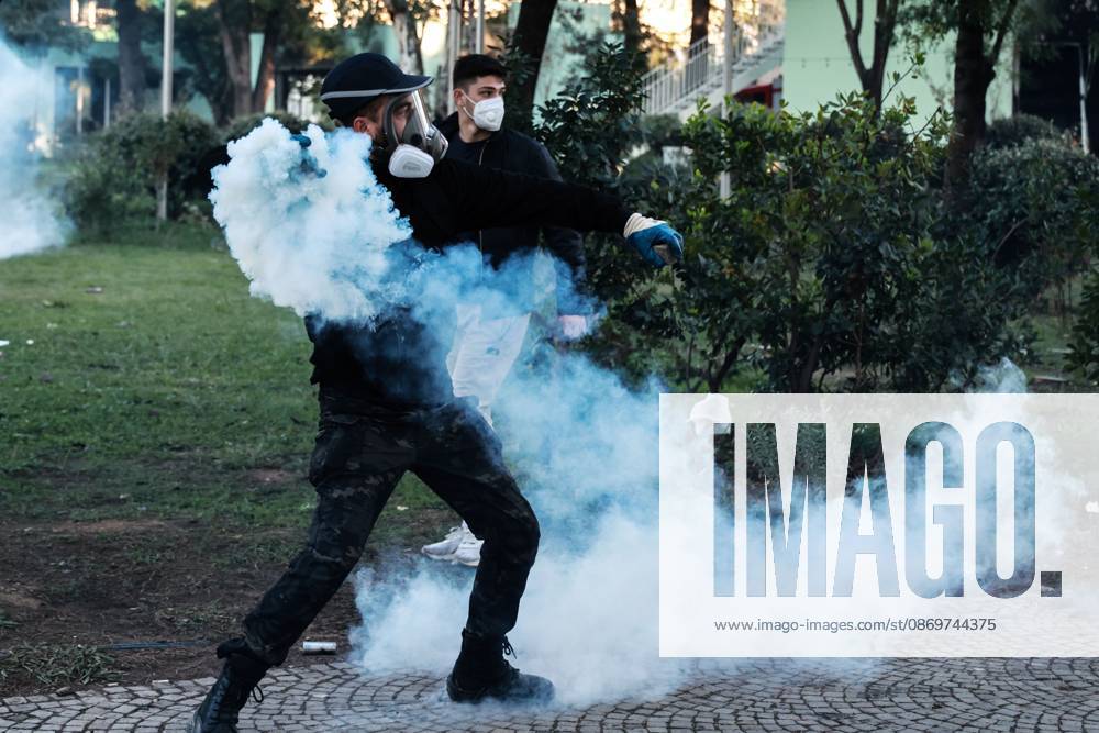 TIRANA, ALBANIA, OCTOBER 16, 2026: Student-led anti-government demonstrations continue for a fourth consecutive day in Tirana, demanding improved education conditions and the resignation of Prime Minister Edi Rama. Protesters clash with riot police as officers deploy tear gas to disperse crowds. The demonstrations follow several days of unrest that have damaged public buildings and businesses. Tirana Albania - ZUMAq101 20261016_zna_q101_461