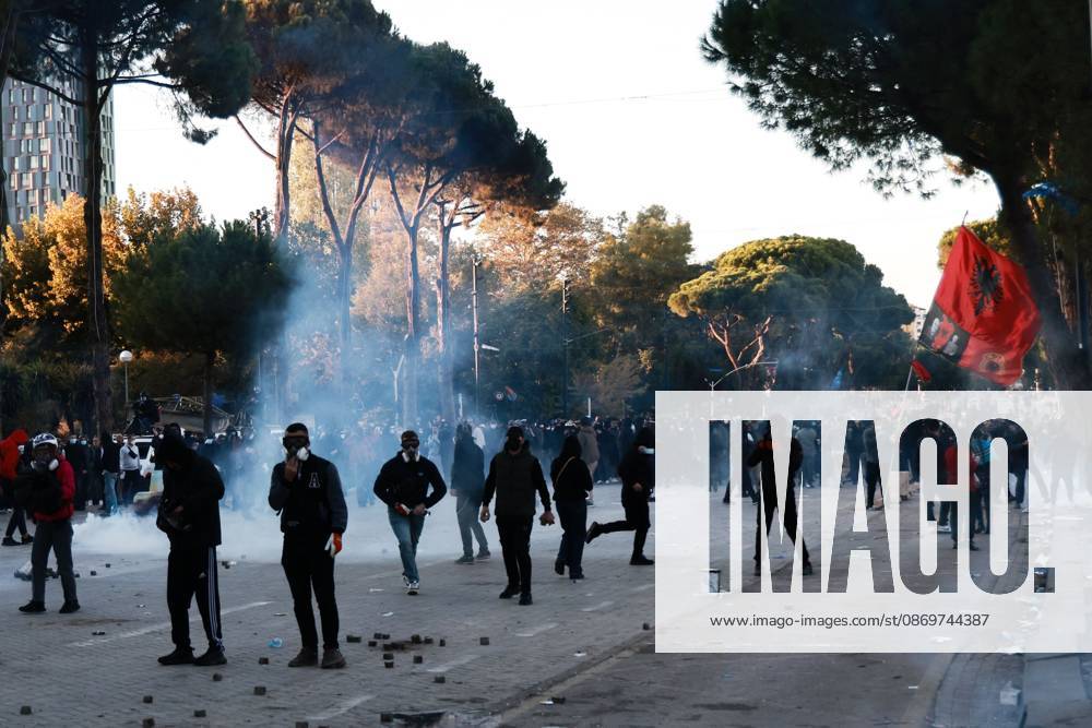 TIRANA, ALBANIA, OCTOBER 16, 2026: Student-led anti-government demonstrations continue for a fourth consecutive day in Tirana, demanding improved education conditions and the resignation of Prime Minister Edi Rama. Protesters clash with riot police as officers deploy tear gas to disperse crowds. The demonstrations follow several days of unrest that have damaged public buildings and businesses. Tirana Albania - ZUMAq101 20261016_zna_q101_472