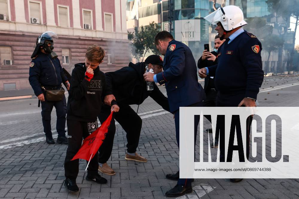 TIRANA, ALBANIA, OCTOBER 16, 2026: Student-led anti-government demonstrations continue for a fourth consecutive day in Tirana, demanding improved education conditions and the resignation of Prime Minister Edi Rama. Protesters clash with riot police as officers deploy tear gas to disperse crowds. The demonstrations follow several days of unrest that have damaged public buildings and businesses. Tirana Albania - ZUMAq101 20261016_zna_q101_470