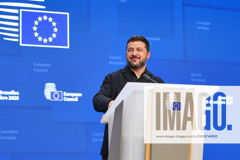 Brüssel, Belgien, 16.10.2026: Europa-Gebäude: EU-Gipfel: Wolodymyr Selenskyj gibt eine Pressekonferenz