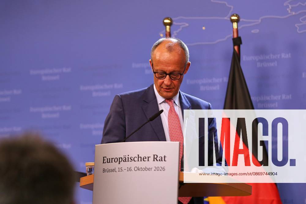Brüssel, Belgien, 16.10.2026: Europa-Gebäude: EU-Gipfel: Bundeskanzler Friedrich Merz (CDU) auf einer Pressekonferenz zum Abschluss am Freitagnachmittag.