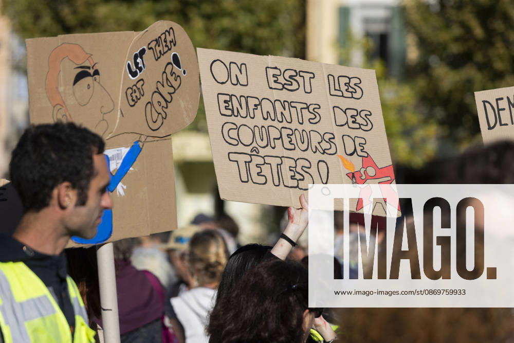 High Cost of Living Protest - Gap A caricature and a placard reading On est les enfants des coupeurs de têtes ! ( We are the children of the head-cutters! ) rise above the march in Gap, France, on October 17, 2026. Photo by Thibaut Durand ABACAPRESS.COM Gap Provence-Alpes-Cote d Azur France